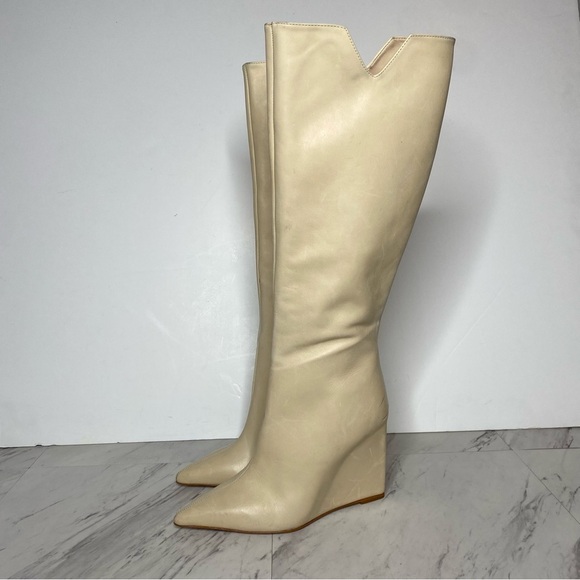 Schutz Asya Up Eggshell Leather Pointy Toe Wedge Tall Boot 6 1/2 B - Picture 16 of 16